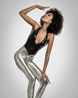 fashion model metallic leggings curly hair