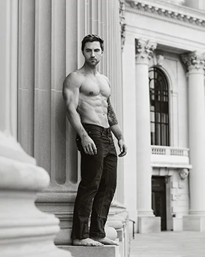 male model shirtless column architecture bw Yale University